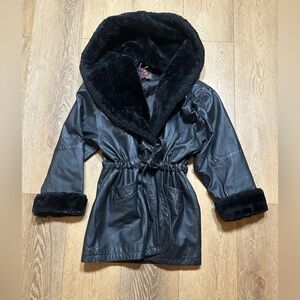 Black Genuine Leather &  Faux Fur Lined Hooded Coat